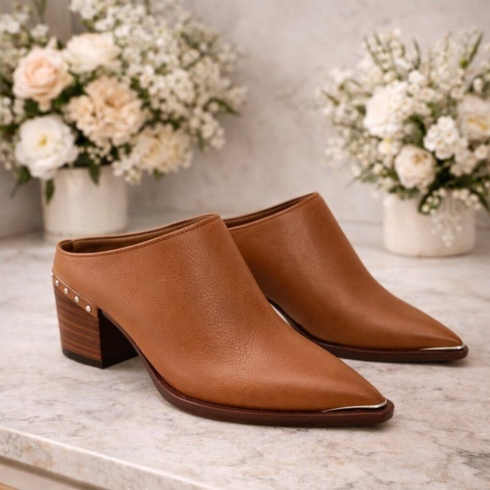 Dolce Vita Sukie Leather Block Heel Mules Tan Pointed Toe Sz 8